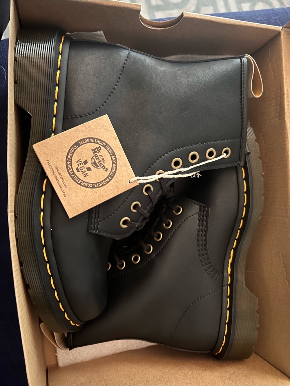 Dr. Martens Black 8-Eye Vegan Lace-Up Boots with Yellow Stitching